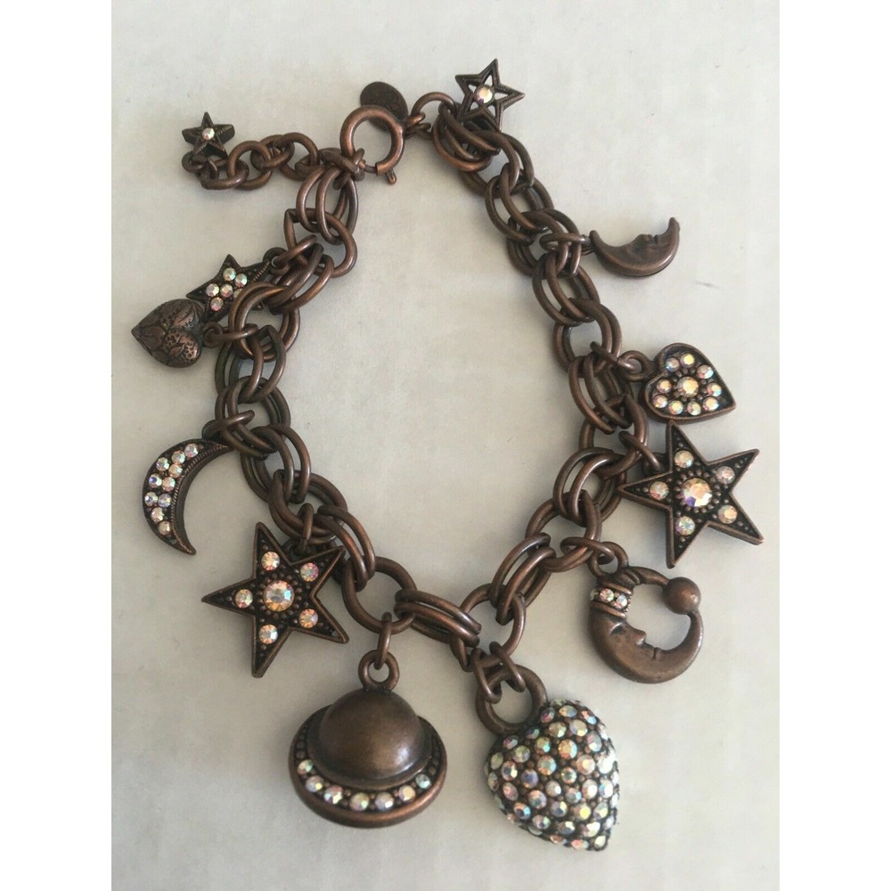 New Kirks Folly Charm Bracelet Crescent Moon & Stars Rhinestones heart planet